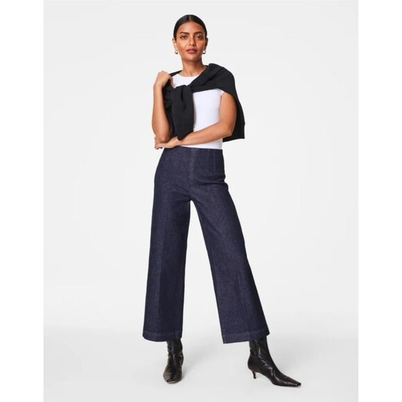 Spanx Zero Waistband Cropped Wide Leg Jeans Size M Raw Indigo Like New - Picture 1 of 10